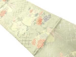 アンティーク　扇に椿・牡丹模様織出し袋帯（材料）